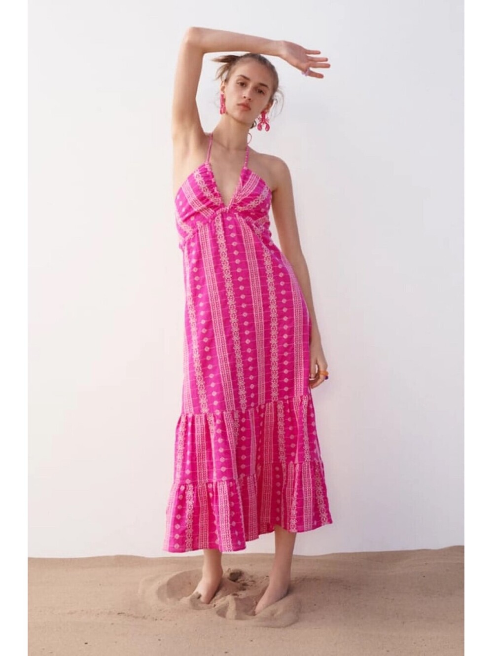 Zara Openwork Pink Embroidered Eyelet Halter Midi Dress Blogger Fav.